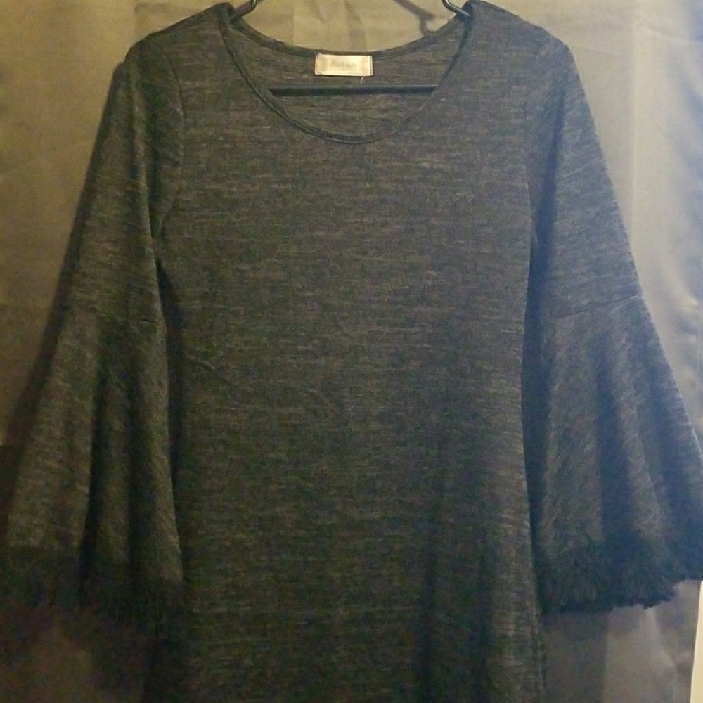 Gray sweater dress with midlength flair sleeves